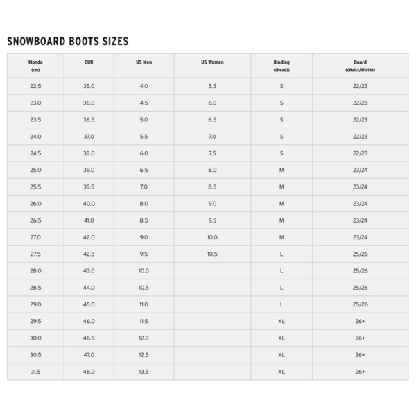 Head Snowboard Boot Size Chart